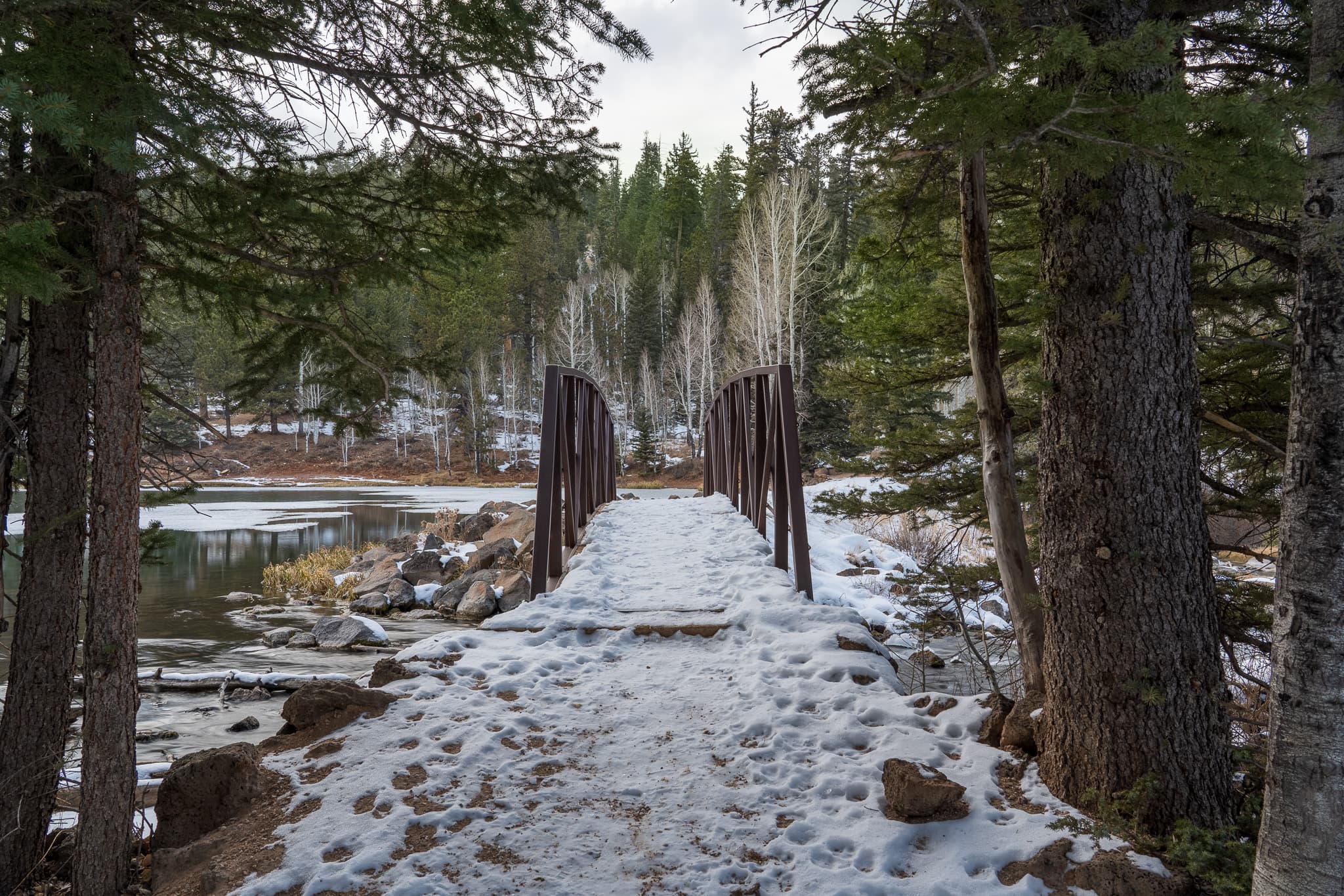 Wooden bridge through the pines — Duck Creek Village, Utah
